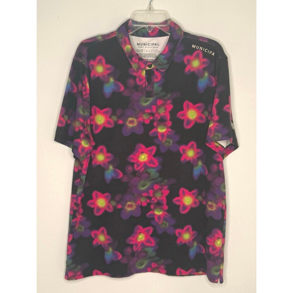 Municipal Black Pink Floral Cotton Blend Mens Performance Polo T Shirt Sz L Golf